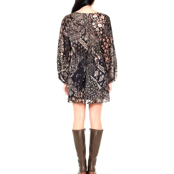 NEW Metallic Paisley‎ Plunging V-Neck Mini Dress, Black Multi, M, Bohemian Style - Picture 7 of 15